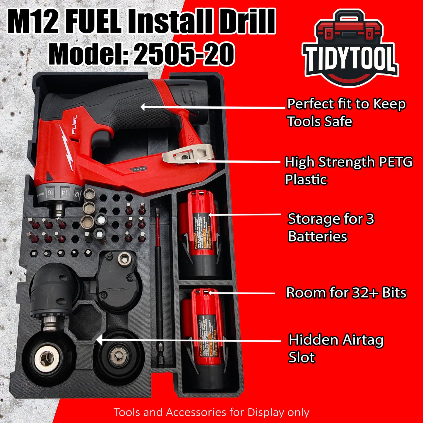 TidyTool Drawer Liner for Milwaukee M12 FUEL Installation Drill and Packout 3 Drawer Tool Box