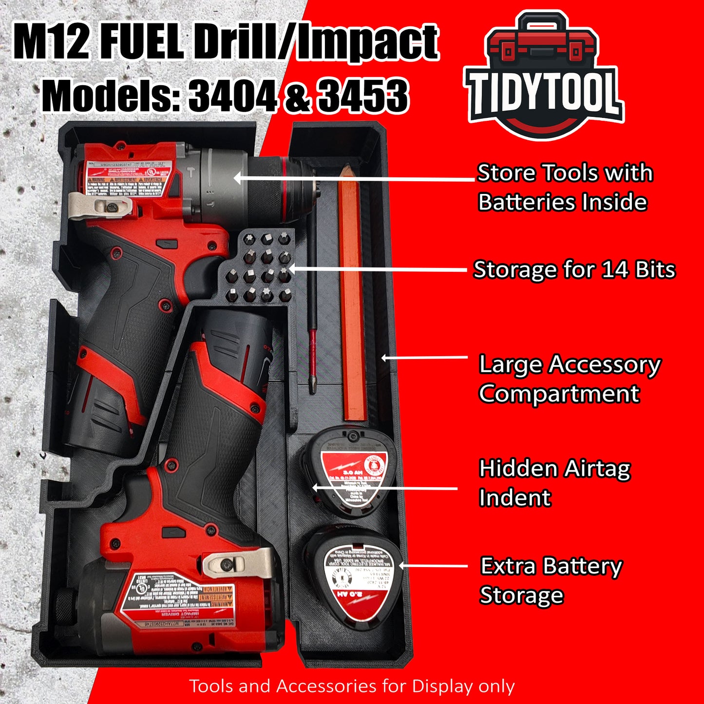 TidyTool Drawer Liner for Milwaukee M12 FUEL Drill/Driver and impact- Packout 3 Drawer Tool Box