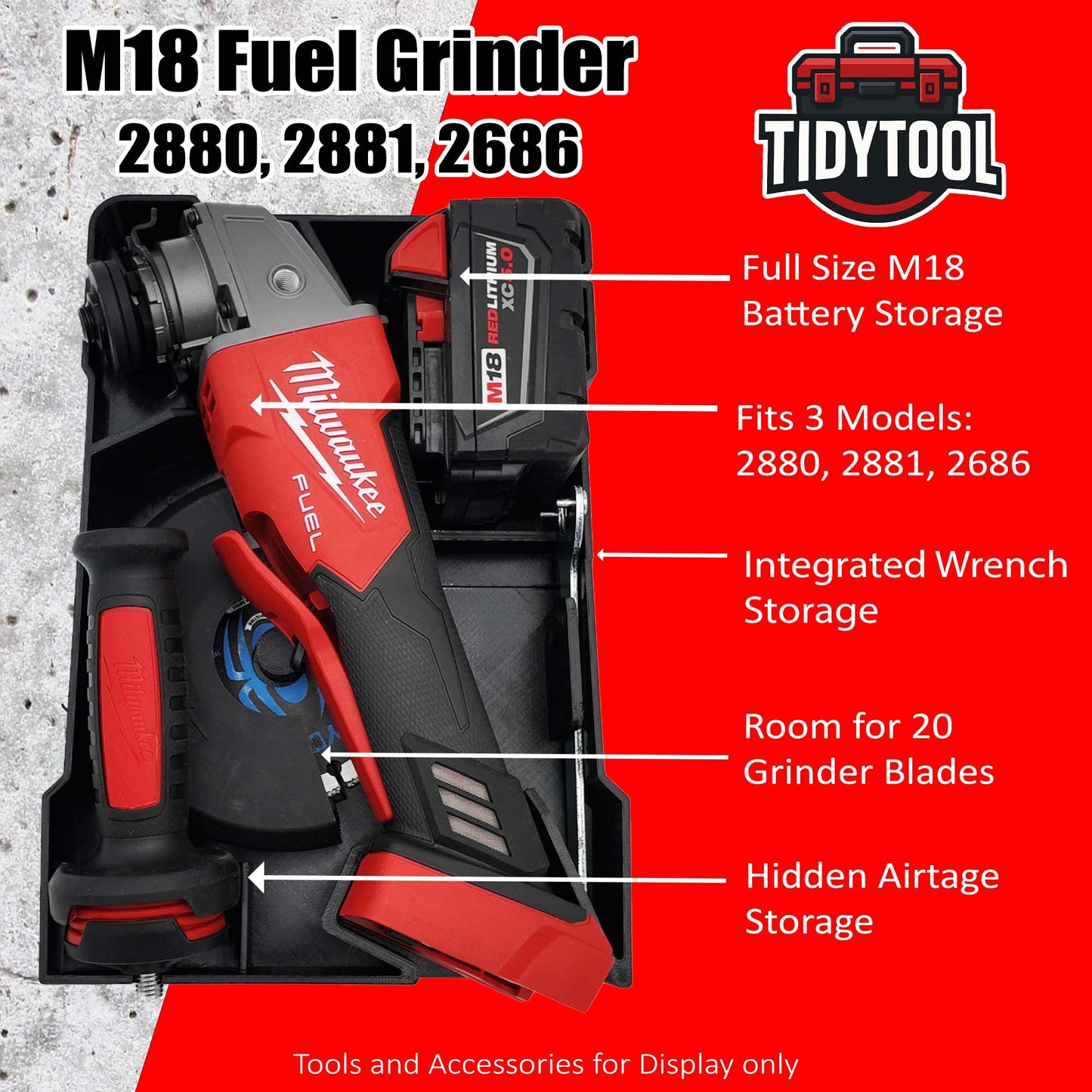 Tidy Tool Packout Insert for M18 Grinder Models 2880-20, 2881-20 and 2686-20 - Milwaukee Compact Organizer