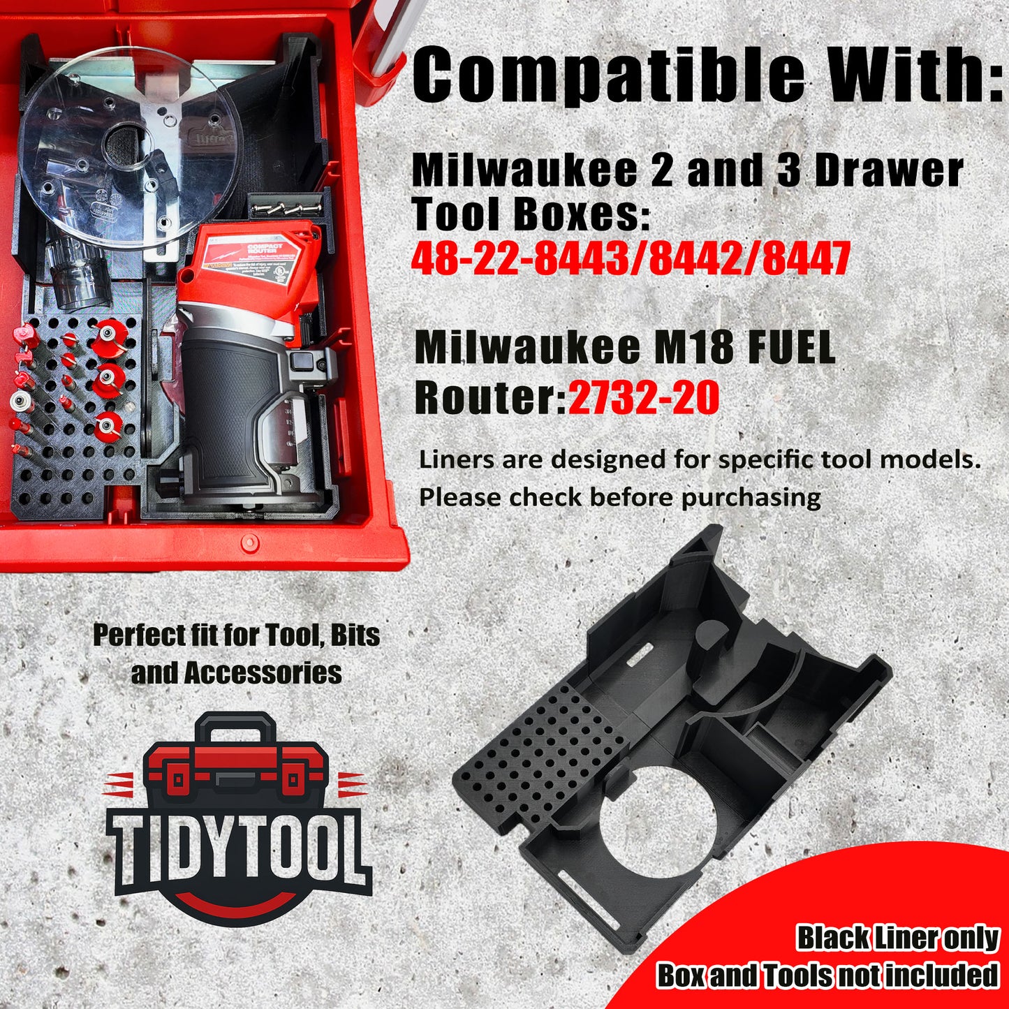 TidyTool Drawer Liner for Milwaukee M18FUEL Router and Packout 3 Drawer Tool Box