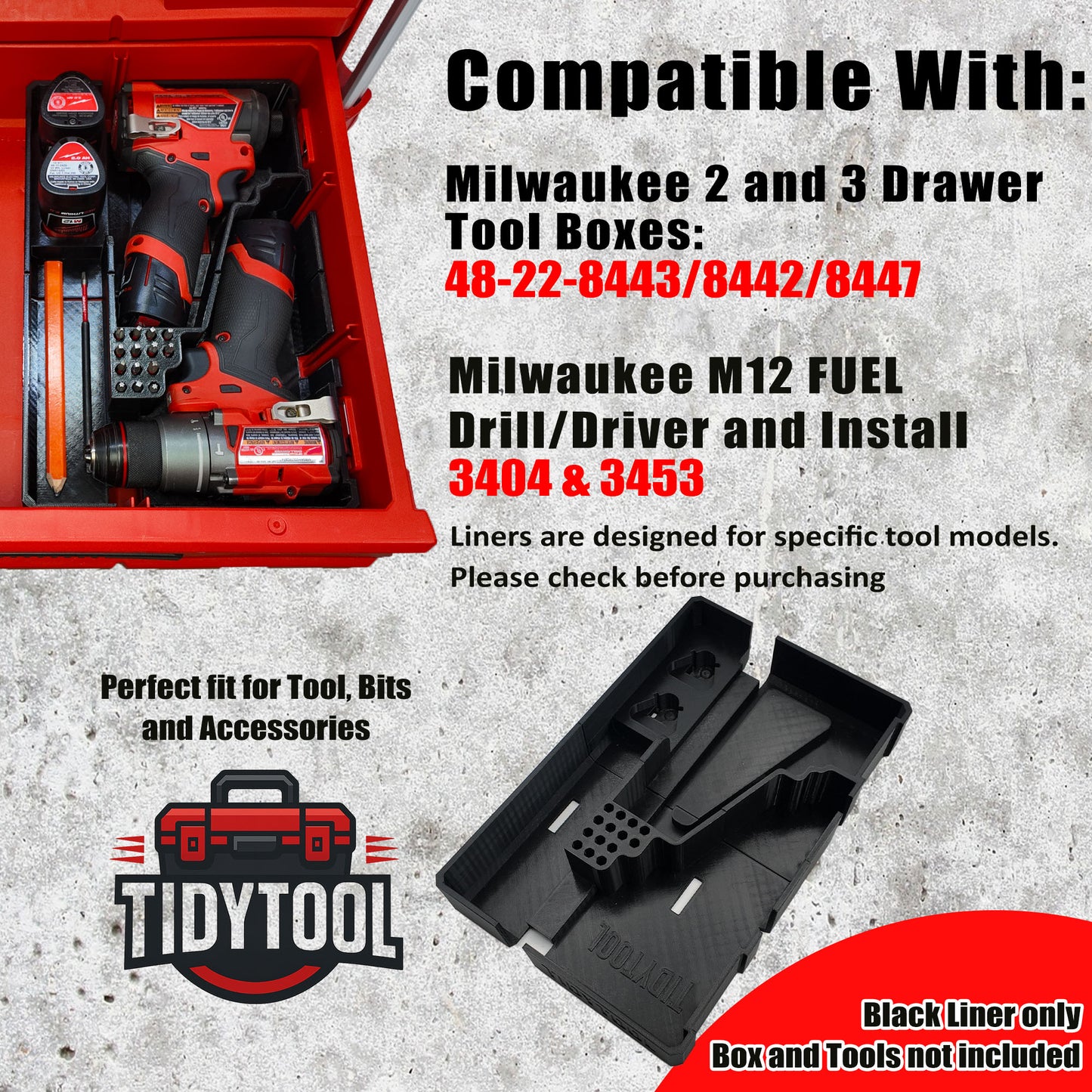 TidyTool Drawer Liner for Milwaukee M12 FUEL Drill/Driver and impact- Packout 3 Drawer Tool Box