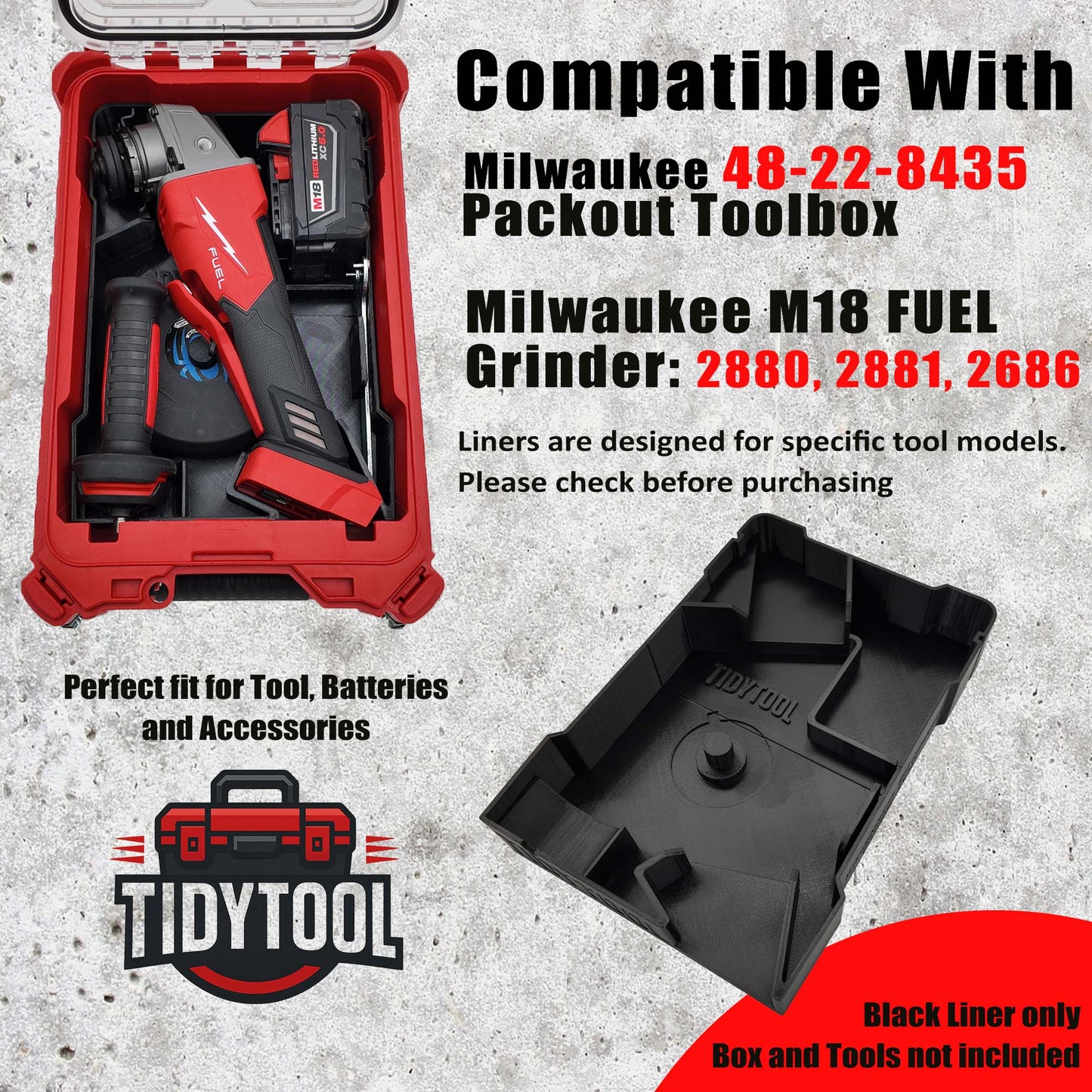 Tidy Tool Packout Insert for M18 Grinder Models 2880-20, 2881-20 and 2686-20 - Milwaukee Compact Organizer