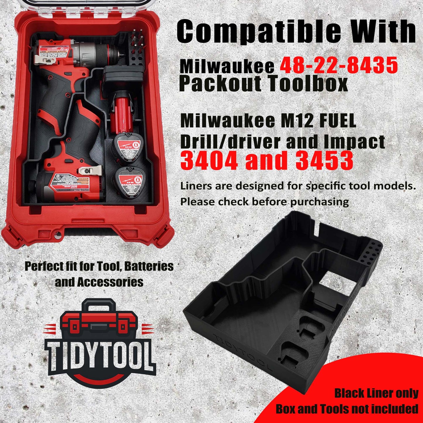 Tidy Tool Packout Insert for M12 Fuel Drill/Driver and Impact- Milwaukee Compact Organizer V3