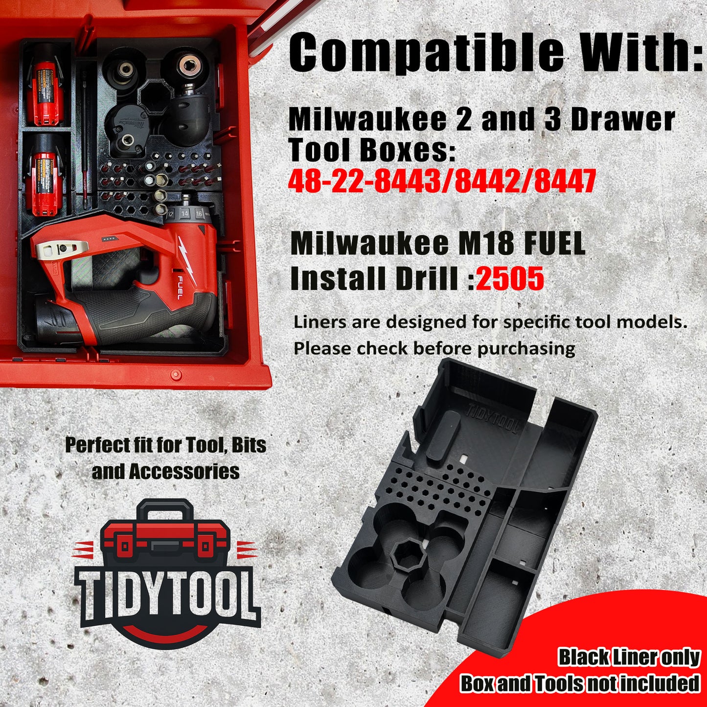 TidyTool Drawer Liner for Milwaukee M12 FUEL Installation Drill and Packout 3 Drawer Tool Box