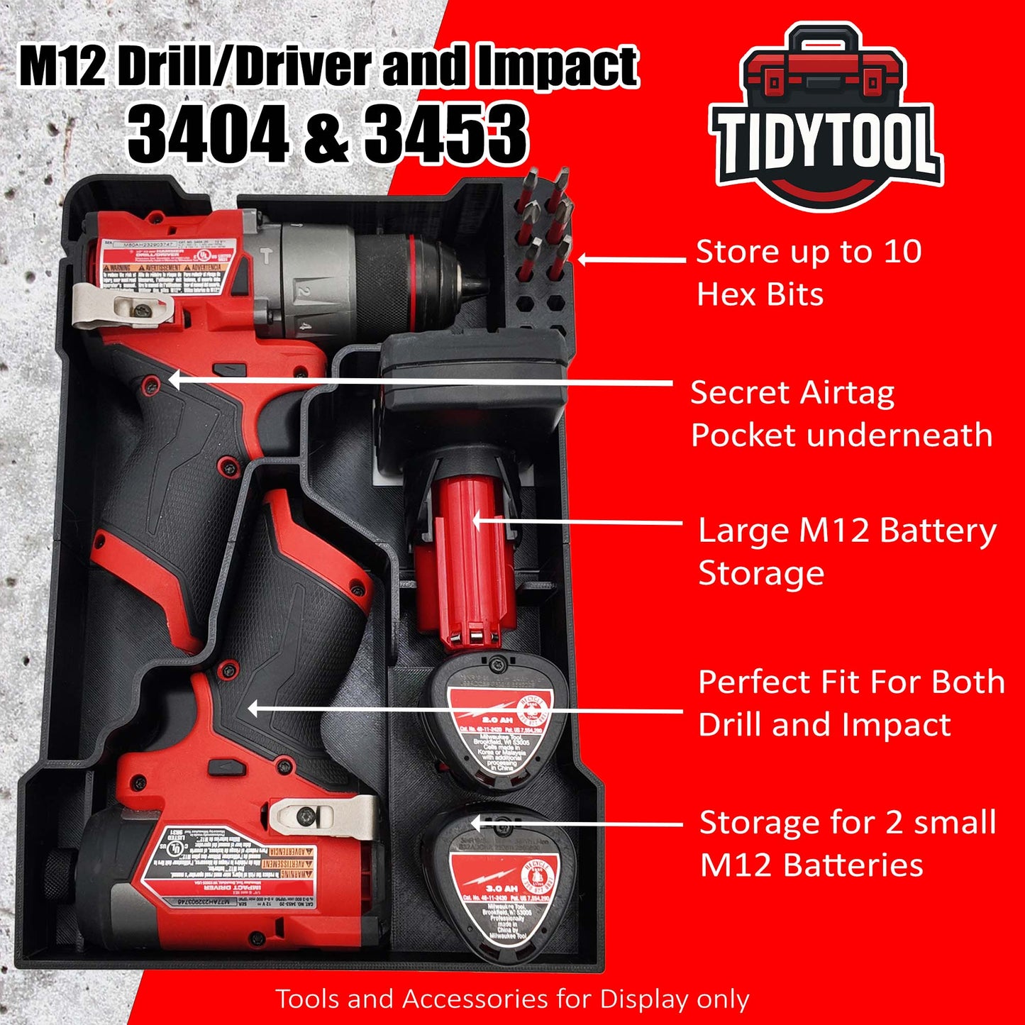 Tidy Tool Packout Insert for M12 Fuel Drill/Driver and Impact- Milwaukee Compact Organizer V3