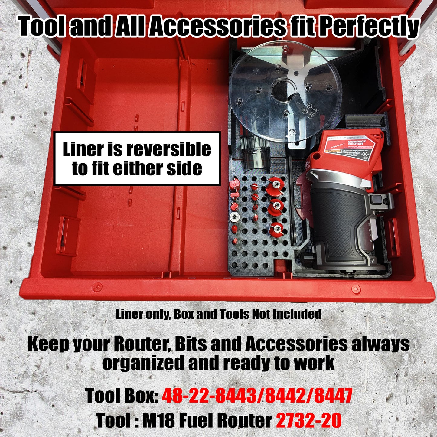 TidyTool Drawer Liner for Milwaukee M18FUEL Router and Packout 3 Drawer Tool Box