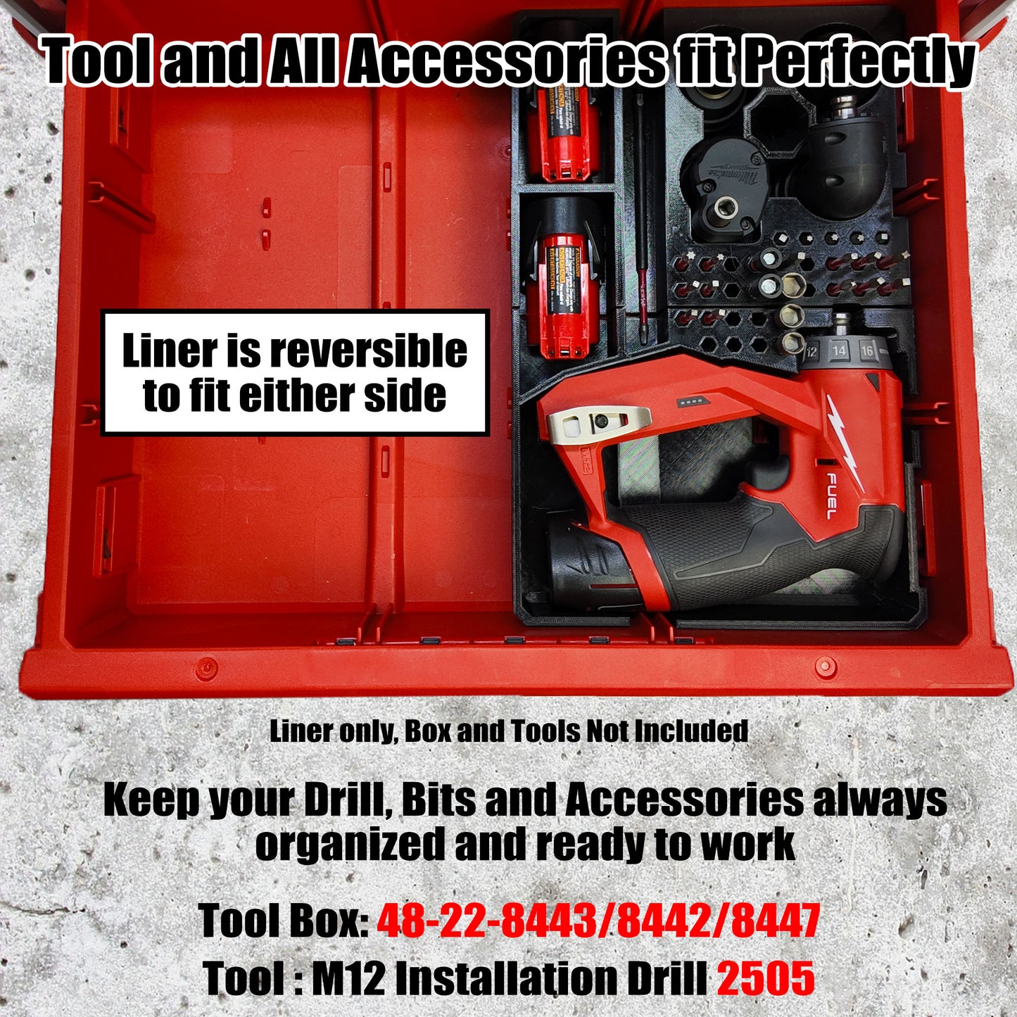 TidyTool Drawer Liner for Milwaukee M12 FUEL Installation Drill and Packout 3 Drawer Tool Box