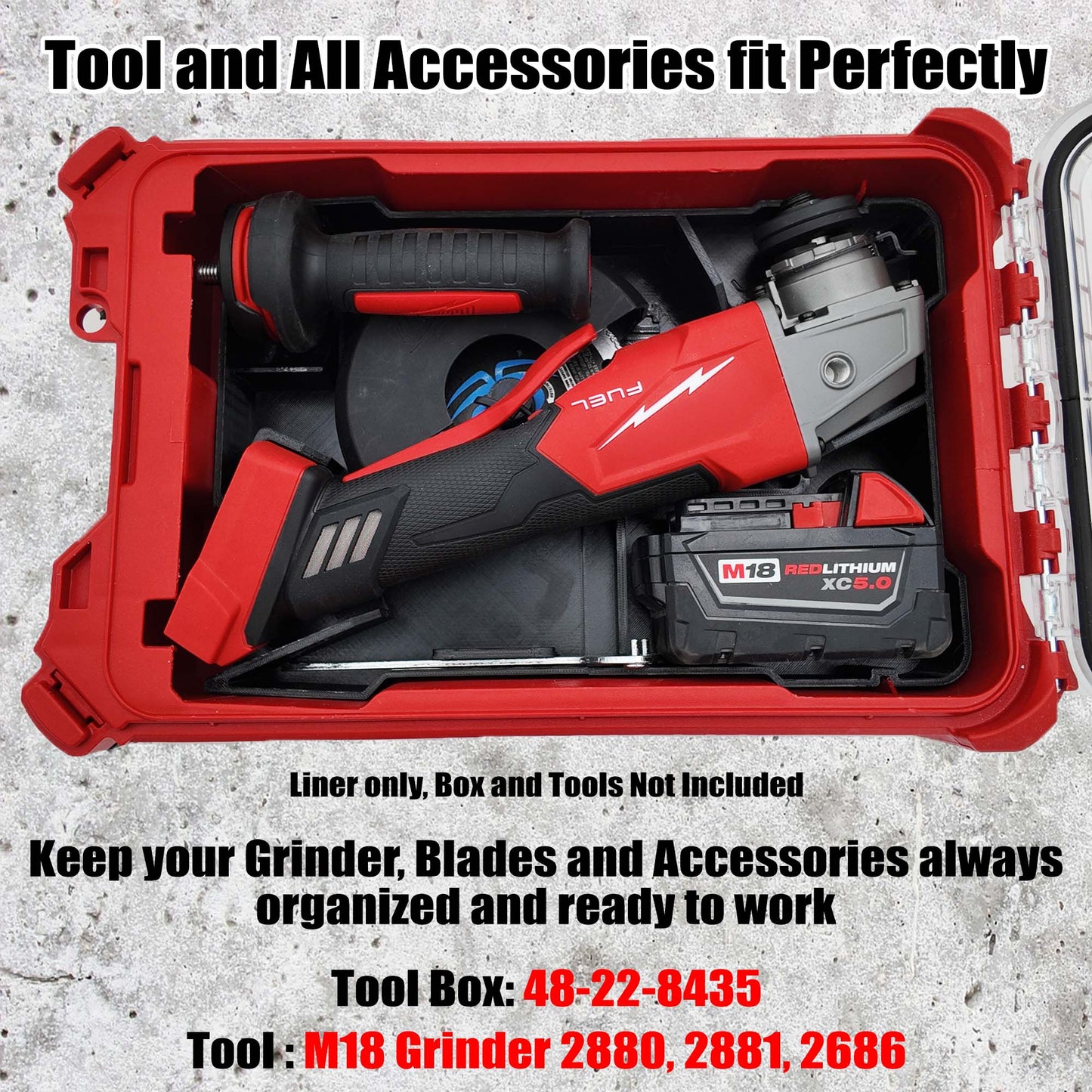 Tidy Tool Packout Insert for M18 Grinder Models 2880-20, 2881-20 and 2686-20 - Milwaukee Compact Organizer