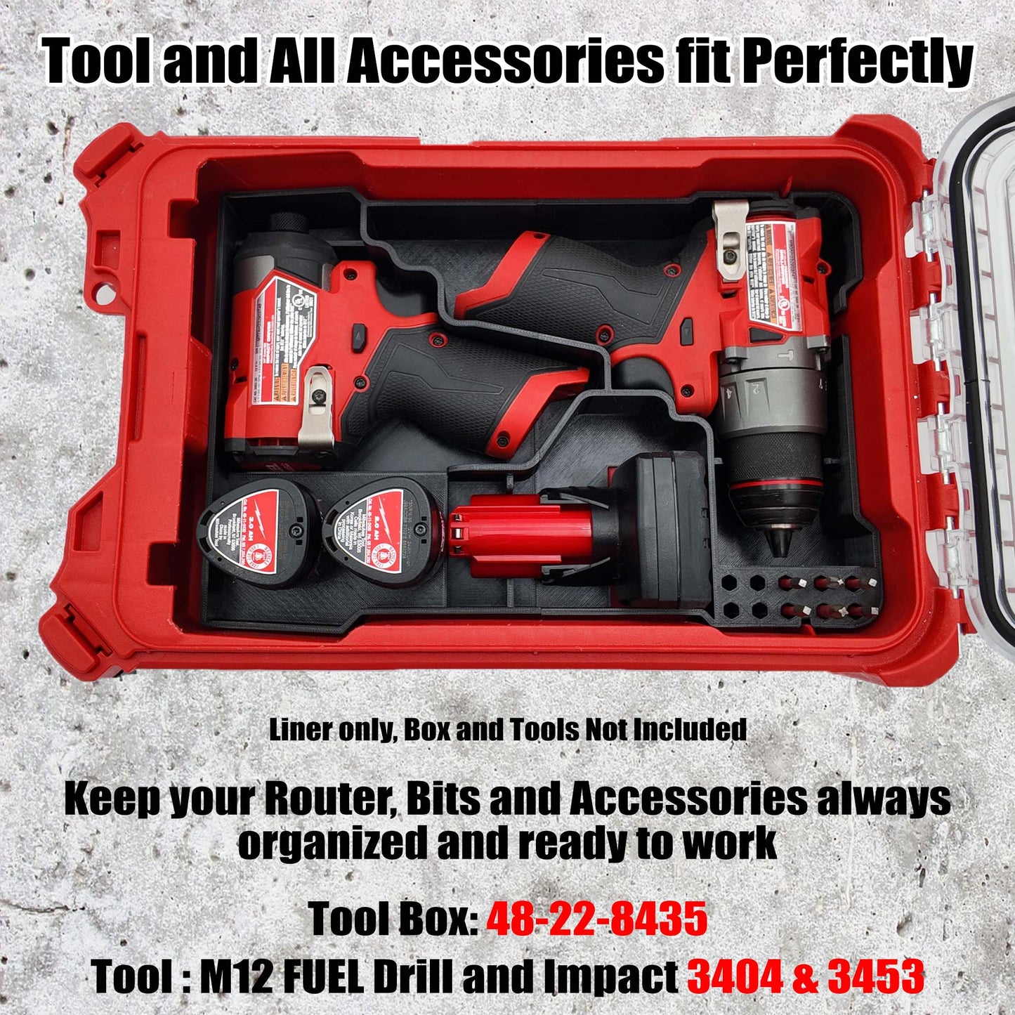 Tidy Tool Packout Insert for M12 Fuel Drill/Driver and Impact- Milwaukee Compact Organizer V3