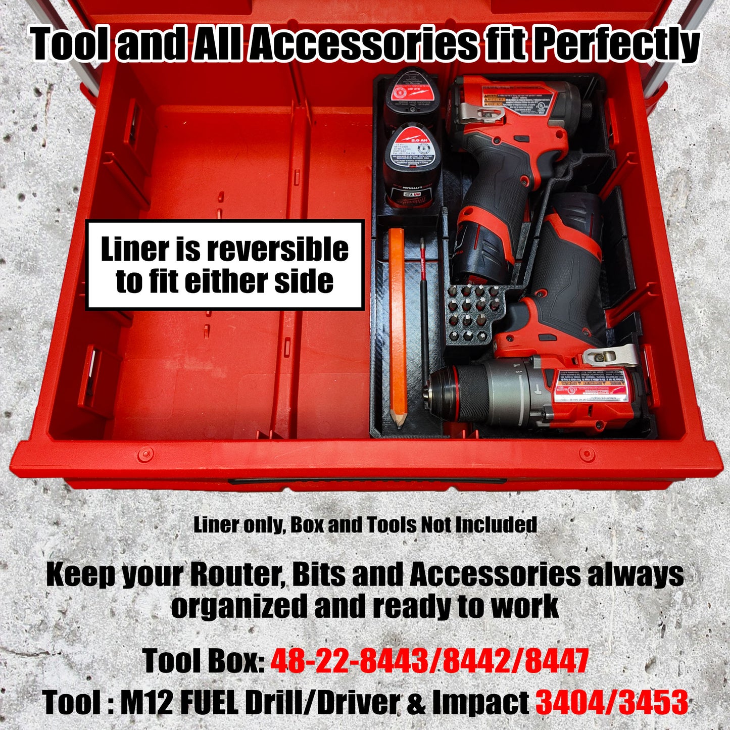 TidyTool Drawer Liner for Milwaukee M12 FUEL Drill/Driver and impact- Packout 3 Drawer Tool Box