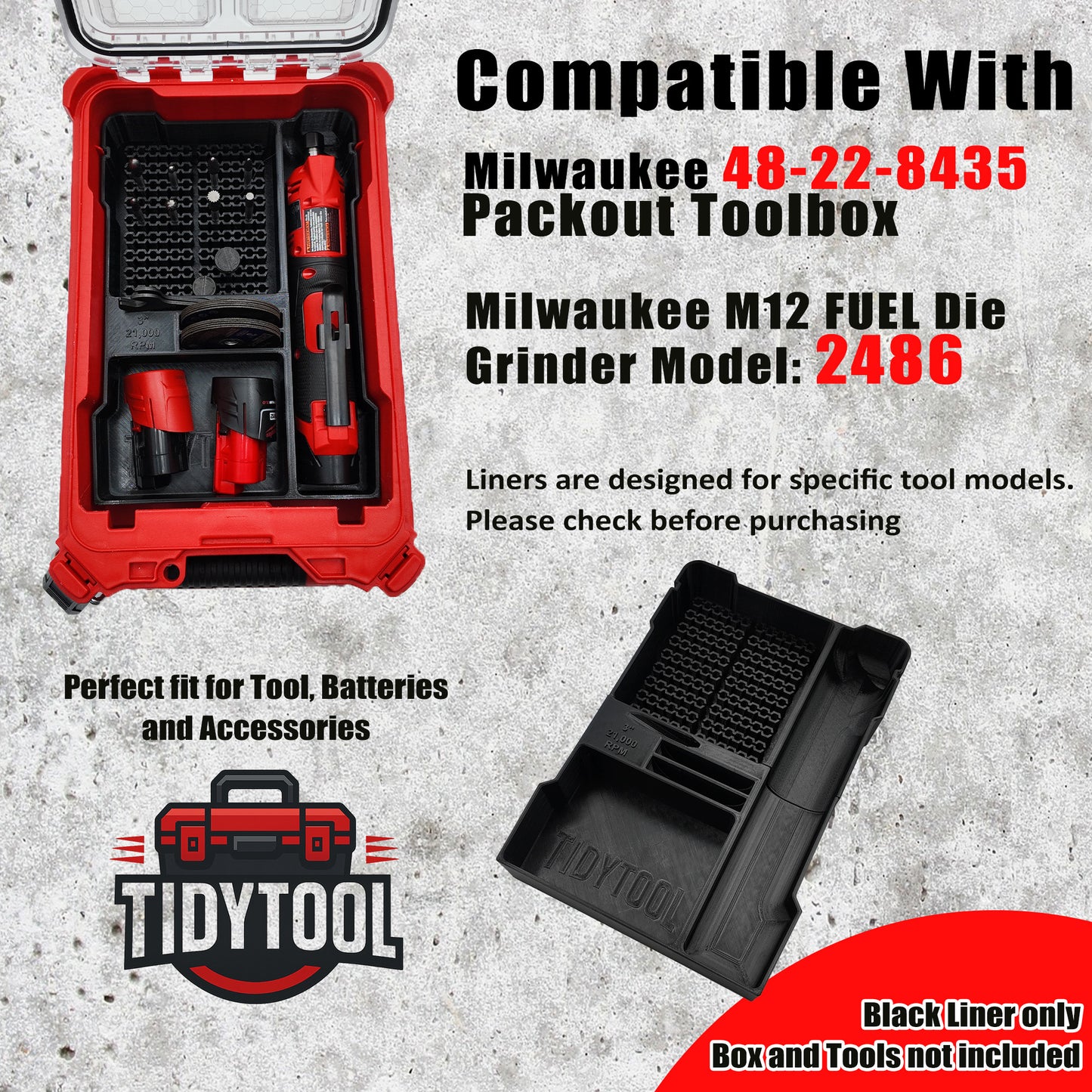 TidyTool Packout Insert for Milwaukee M12 FUEL 1/4" Straight Die Grinder