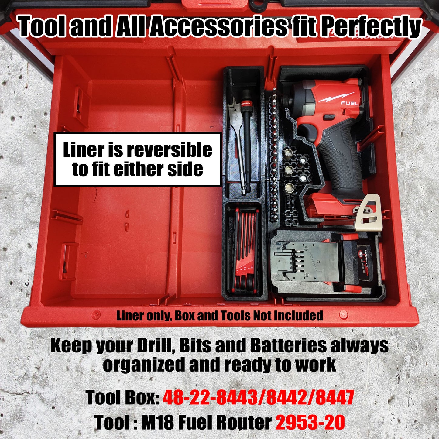 TidyTool Drawer Liner for Milwaukee M18 FUEL 1/4" Hex Impact Driver and Packout 3 Drawer Tool Box
