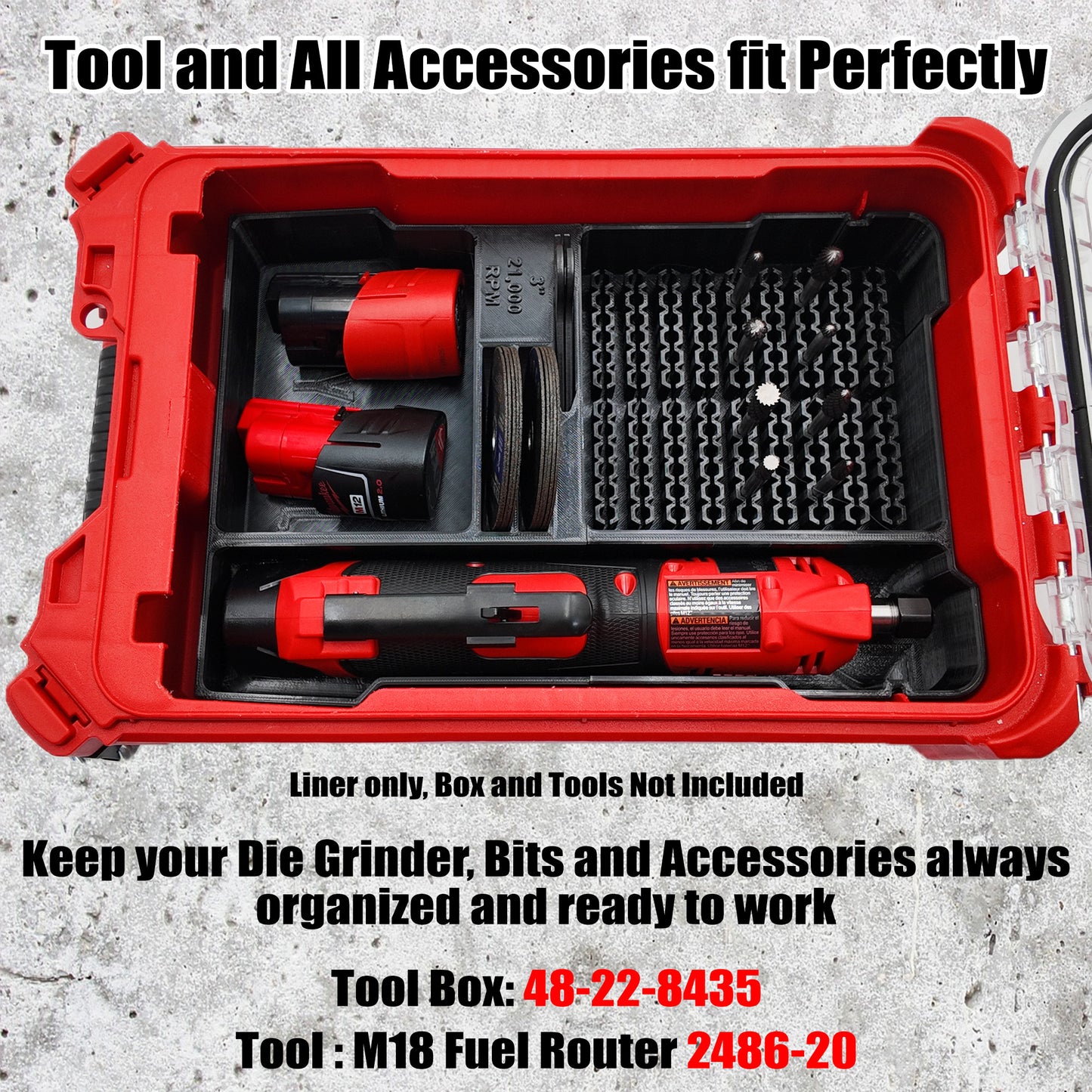 TidyTool Packout Insert for Milwaukee M12 FUEL 1/4" Straight Die Grinder